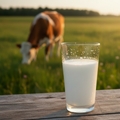 Glass of milk on a wooden table with a cow in the background